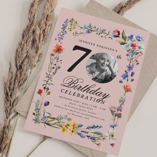 Wildflower Meadow Photo 70th Birthday Blush Pink  Invitation (Wildflower Meadow Photo 70th Birthday Blush Pink Invitation)