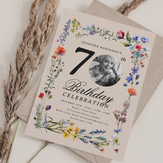 Wildflower Meadow Photo 70th Birthday Champagne  Invitation (Wildflower Meadow Photo 70th Birthday Champagne Invitation)
