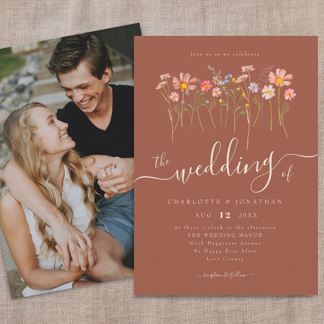 Wildflower Meadow Photo Terracotta Orange & Beige Invitation (Wildflower meadow fall florals photo terracotta beige burnt orange wedding invitation)