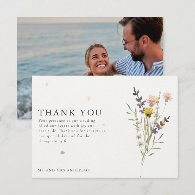 Wildflower Meadow Photo Wedding Thank You  Card (Front/Back)