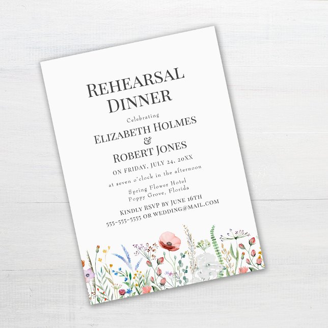 Wildflower Meadow Rehearsal Dinner Invitation (Wildflowers Rehearsal Dinner Invitation Template on white wooden table)