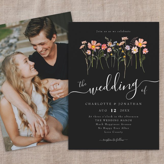 Wildflower Meadow Script Photo Black & White Invitation (Wildflower meadow fall florals photo black and white wedding invitation Whimsical elegant script )