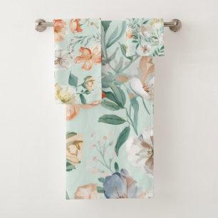 Wildflower Meadow Watercolor Blue Floral Pattern Bath Towel Set