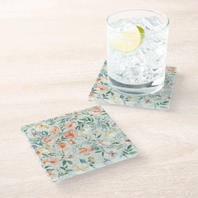 Wildflower Meadow Watercolor Blue Floral Pattern Glass Coaster (Angled)