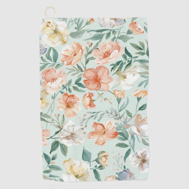 Wildflower Meadow Watercolor Blue Floral Pattern Golf Towel (Front)