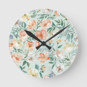 Wildflower Meadow Watercolor Blue Floral Pattern Round Clock