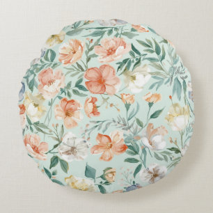 Wildflower Meadow Watercolor Blue Floral Pattern Round Pillow