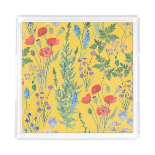 Wildflower Meadow Watercolor Seamless Painting Acrylic Tray