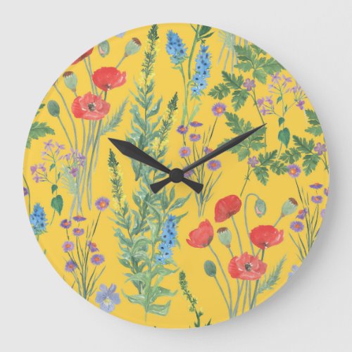 Wildflower Meadow Watercolor Seamless Painting Large Clock