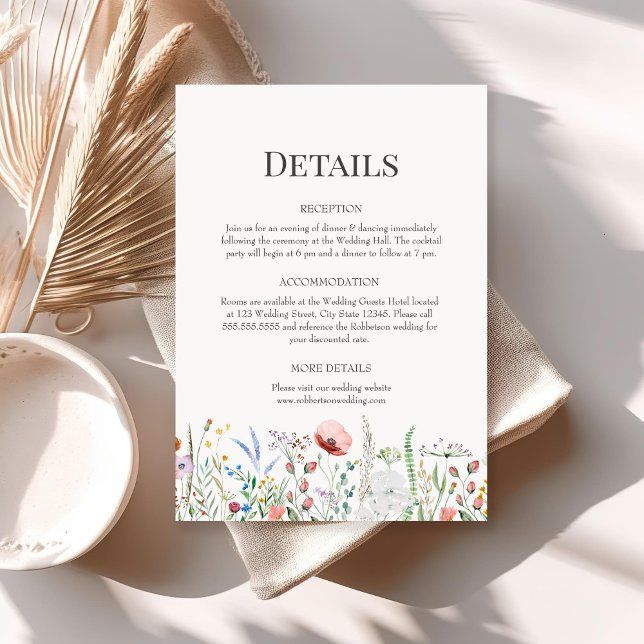 Wildflower Meadow Wedding Details Card (Boho Watercolor Wildflower Wedding Details Invitation on a sunny boho table with dry flowers.)