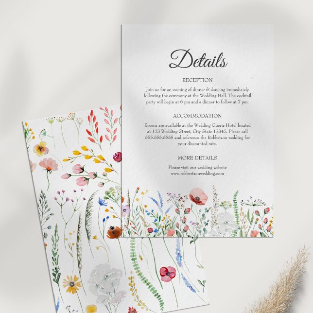 Wildflower Meadow Wedding Details Card (Wildflower Meadow Wedding Details Enclosure Card on a white table.)