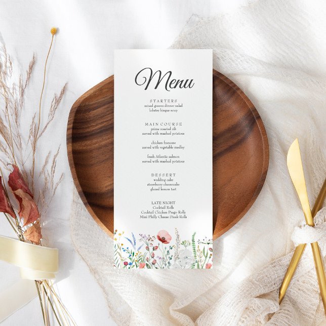 Wildflower Meadow Wedding Menu (Boho Wildflower Meadow Wedding Menu Card on a boho wedding table.)