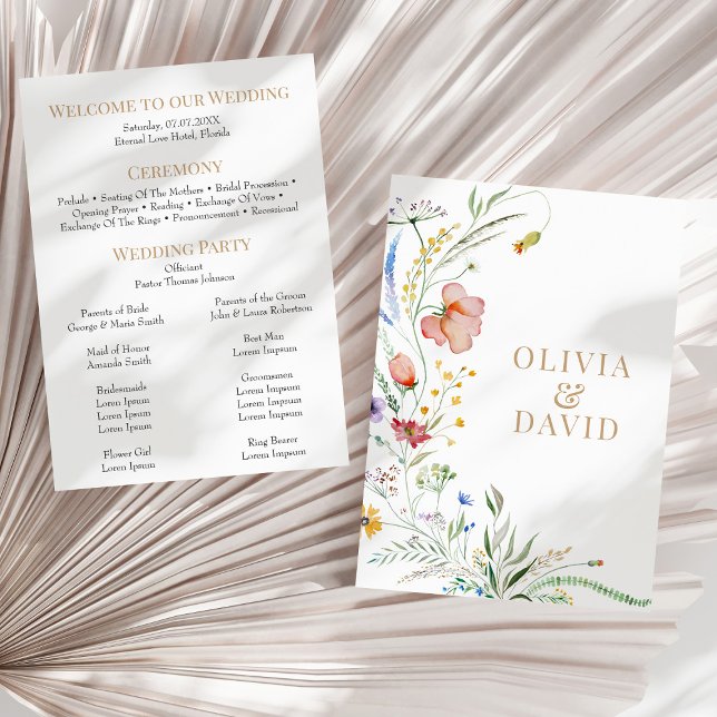Wildflower Meadow Wedding Program Card (Boho Wildflower Meadow Wedding Program on a sunny neutral dry palm leaf.)