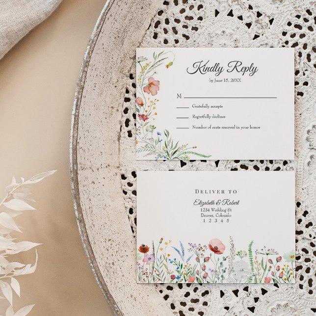 Wildflower Meadow Wedding RSVP Card (Boho Colorful Wildflower Meadow Wedding RSVP Card on a neutral boho wedding table.)