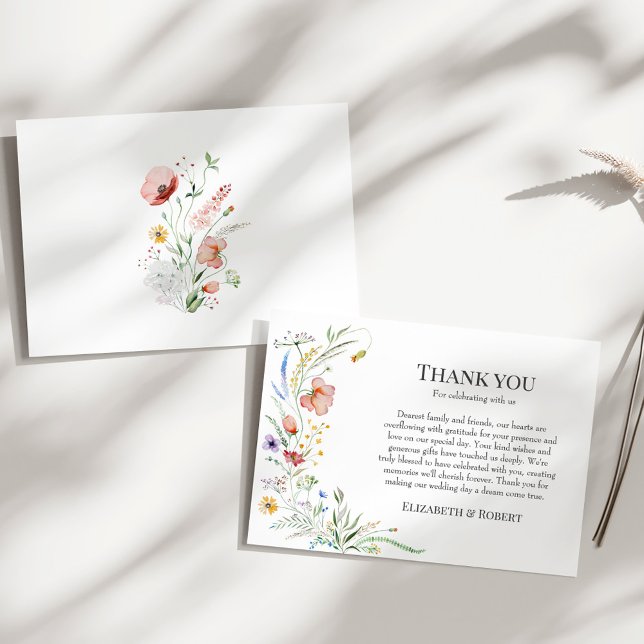 Wildflower Meadow Wedding Thank You Card (Boho Wildflower Meadow Wedding Thank You Card on a sunny white table.)