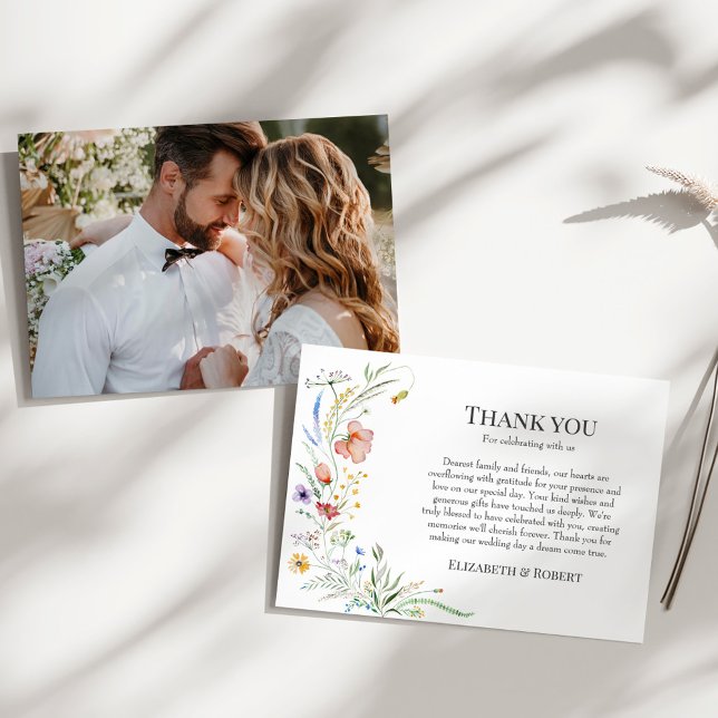 Wildflower Meadow Wedding Thank You Card (Boho Wildflower Meadow Couple Photo Wedding Thank You Card on a sunny white table.)