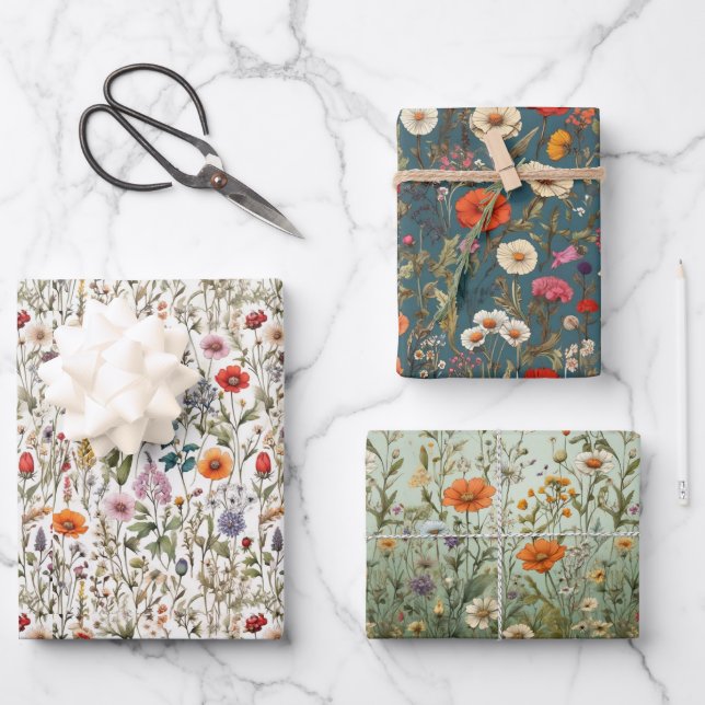 Wildflower meadow white, green, blue background wrapping paper sheets (Front)