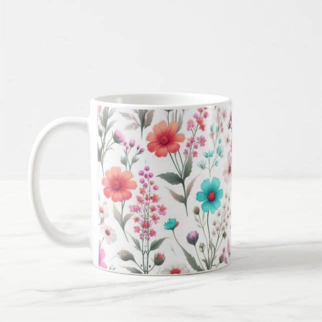 Wildflower meadow white, green, blue, brown, turq  coffee mug (Left)