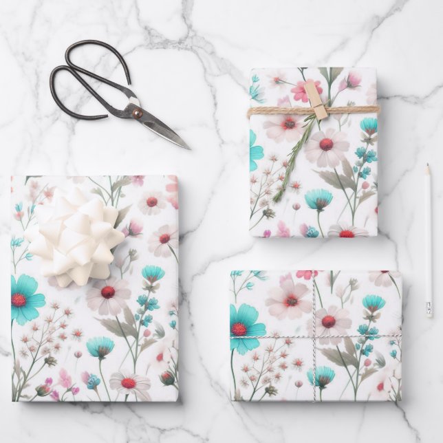 Wildflower meadow white, green, blue, brown, turq  wrapping paper sheets (Front)