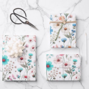 Wildflower meadow white, green, blue wrapping paper sheets