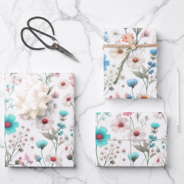 Wildflower meadow white, green, blue  wrapping paper sheets (Front)