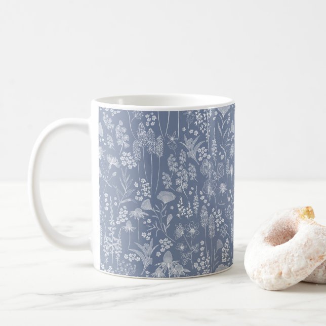Wildflower meadow white on blue coffee mug (With Donut)