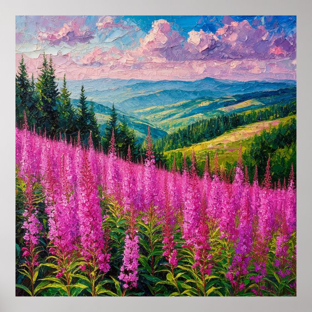 Wildflower Meadow with Mountain Landscape Poster (Front)