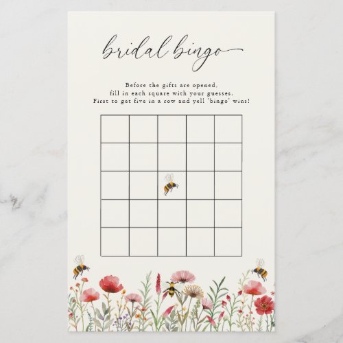 Wildflower Meant To Bee Bridal Bingo Game Card