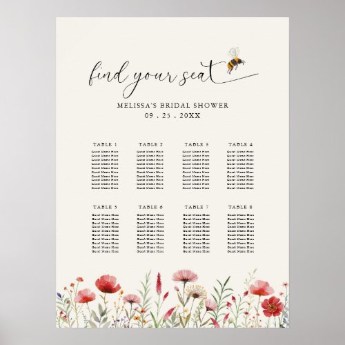 Wildflower Meant To Bee Bridal Shower Seating Plan Poster