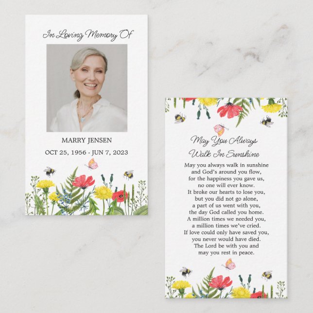 Wildflower Memorial Photo Funeral Prayer Card (Front/Back)