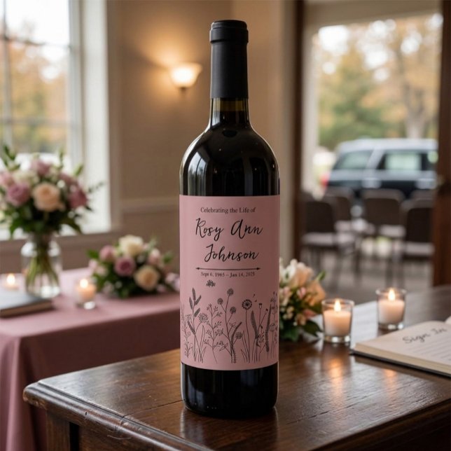 Wildflower Memorial Wine Label on Dusty Rose (Creator Uploaded)
