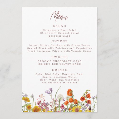 Wildflower Menu for Weddings and Events