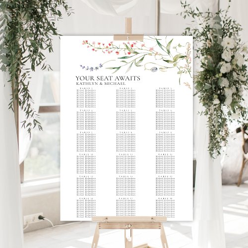 Wildflower Minimalist Wedding 18 Table Seating Poster