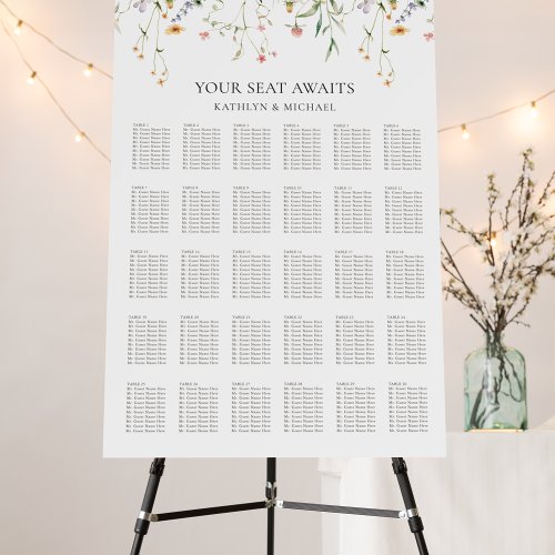 Wildflower Minimalist Wedding 30 Table Seating Foam Board