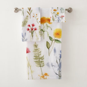 Wildflower Modern Botanical Watercolor Bath Towel Set