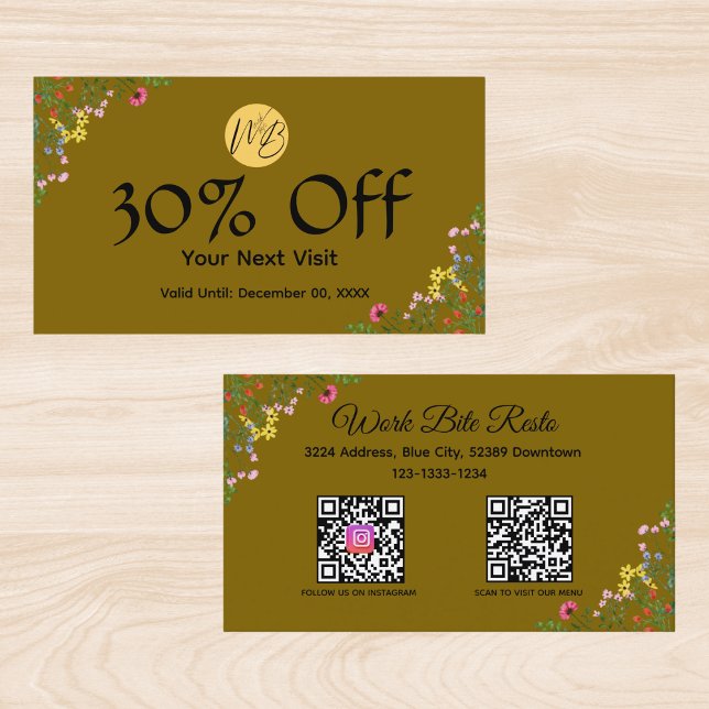  Wildflower Modern Restaurant Qr Code Menu and  Discount Card (Creator Uploaded)