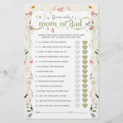 Wildflower Mom or Dad Baby Shower Game