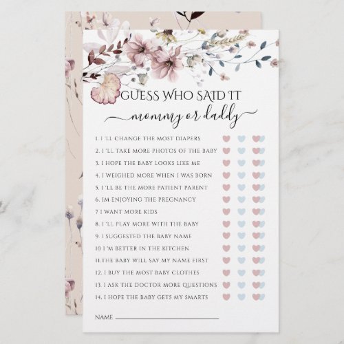 Wildflower Mom or Dad Said It Baby Shower Game