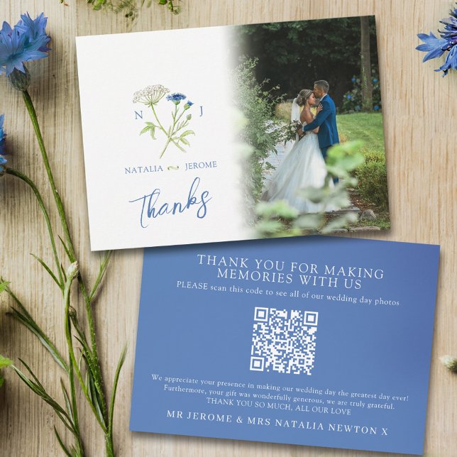 Wildflower monogram blue wedding photo QR Code Thank You Card (Creator Uploaded)