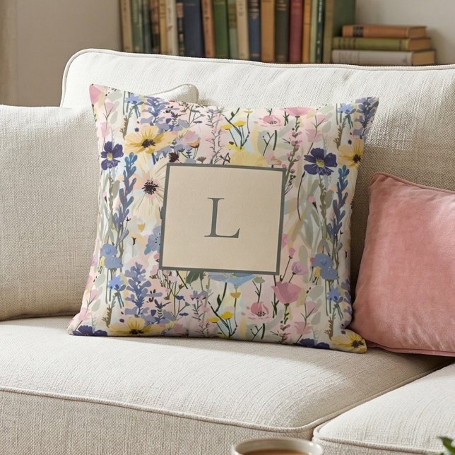 Wildflower Monogram Botanical Throw Pillow (Creator Uploaded)