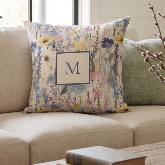 Wildflower Monogram Botanical Throw Pillow (Creator Uploaded)