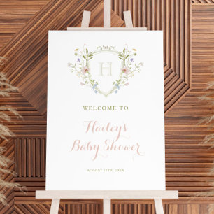 Wildflower Monogram Crest Baby Shower Welcome Sign