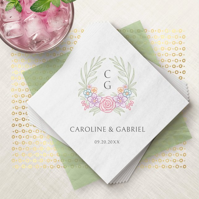 Wildflower Monogram Crest Wedding Napkins (Creator Uploaded)