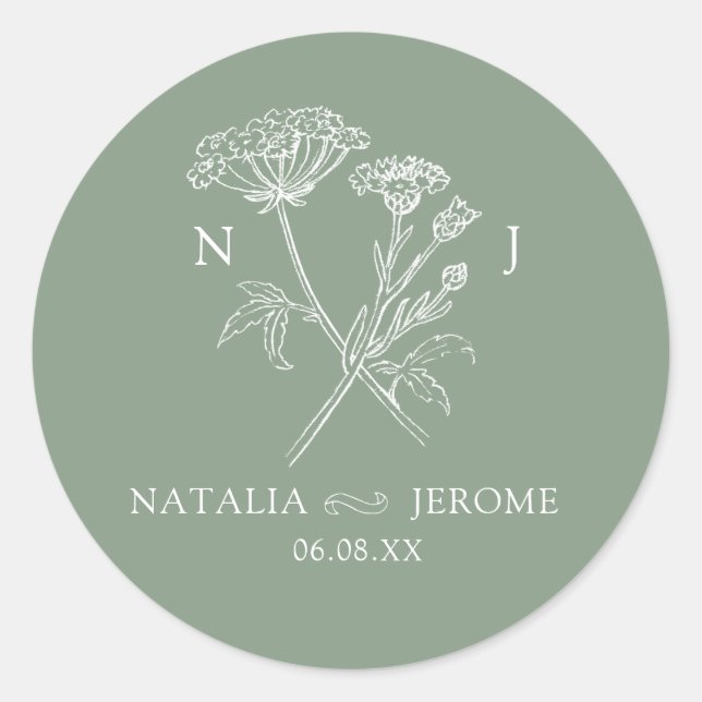 Wildflower monogram green name and wedding date classic round sticker (Front)