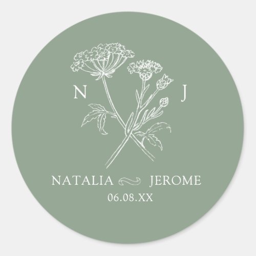 Wildflower monogram green name and wedding date classic round sticker