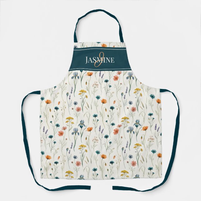 Wildflower Monogram Green Orange Name Apron (Front)