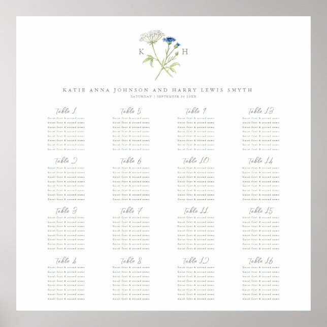 Wildflower monogram green wedding 16 table seating poster (Front)