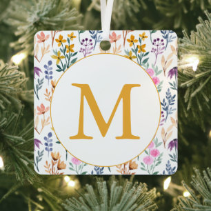 Wildflower Monogram Initial Gold Floral Boho Metal Ornament