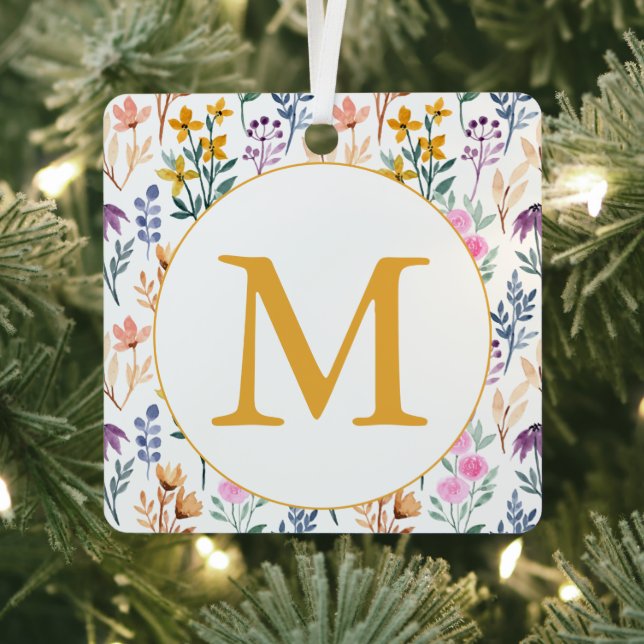 Wildflower Monogram Initial Gold Floral Boho Metal Ornament (Insitu)