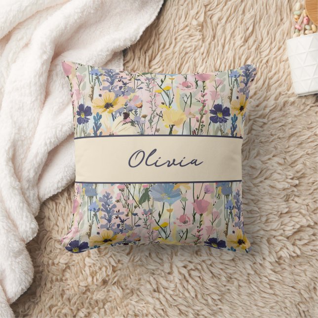 Wildflower Monogram Name  Throw Pillow (Blanket)